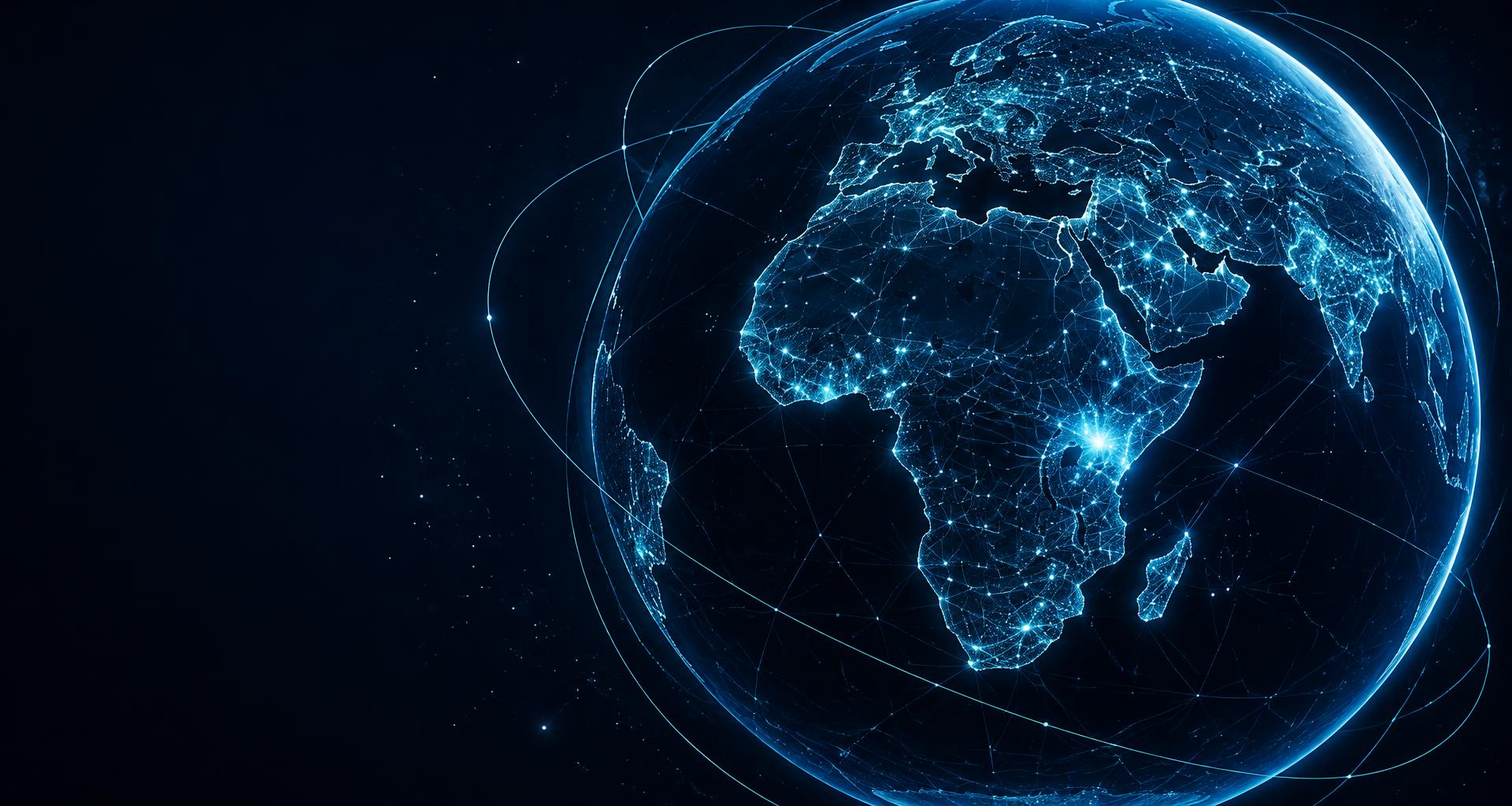 An illuminated digital network globe with Africa at its centre